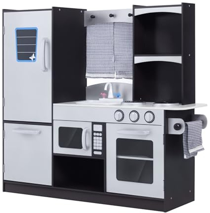 HOMCOM Conina de Juguete de Madera Grande para Niños +3 Años con Accesorios Cocinita Infantil Juego de Imitación Horno Microondas Fregadero 105x31,5x95 cm Plata y Marrón Oscuro