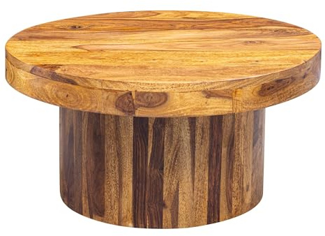 FineBuy Couchtisch Rund 60x60x30 cm Sheesham Massivholz, Säulenfuß | flacher Wohnzimmertisch im Drum Design, Sofatisch aus Echtholz, handgefertigt, jedes Stück ein Unikat
