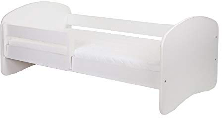 CLAMARO Schlummerland - Cama infantil (80 x 160 cm, soporta hasta 150 kg), diseño con motivos anticaídas, protección de bordes, colchón y somier, color blanco