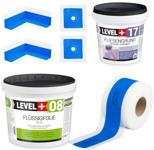 Dicht-Set 5,5Kg Flüssigfolie, 1,5kg Fliesengrund, 5m Dichtband | 2 Innenecken, 2 Wandmanschetten, Dusche, Bad, SET332