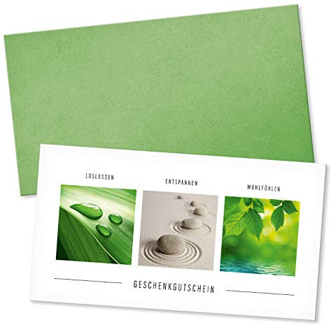 GESCHENKGUTSCHEINcom. 25 Formulare zum Erstellen eigener Geschenkgutscheine + Brief-Umschlag, für Kosmetikstudios Massagen Wellness. KS1290-1-25