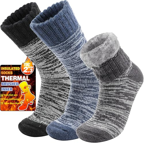 Welwoos Calcetines Calefactables Termicos Frio Extremo para Mujer Hombre, Calcetines Invierno Termicos Gruesos y Cálidos para Esquí Deporte Trabajo 3 Pares Calcetines Navidad Chimenea (Azul, L)