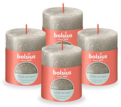 Bolsius Candela rustica a colonna, color argento champagne, confezione da 4, durata di 35 ore, decorazione per interni, non profumata, con cera naturale vegana, senza olio di palma, 8 x 7 cm