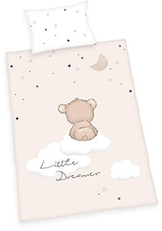 Herding Little Dreamer Bettwäsche-Set, MADE IN GREEN by OEKO TEX, Kopfkissenbezug ca. 40 x 60 cm, Bettbezug ca. 135 x 100 cm, Mit Knopfverschluss, 100% Baumwolle/Flanell, Weiß/Beige