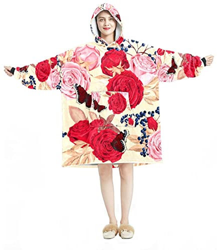 Tragbare Decke Hoodie, Schmetterling rot rosa Rosen Blumen, übergroße Kapuzendecke Sweatshirt, Mehrfarbig, Einheitsgröße