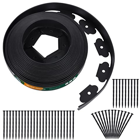 A ANLEOLIFE 40FT Plastic Landscape Edging, 2 Tall No-Dig Black Garden Border with 48 Spikes, Heavy-Duty Flexible Lawn Coil, Grass Barrier & Easy Install