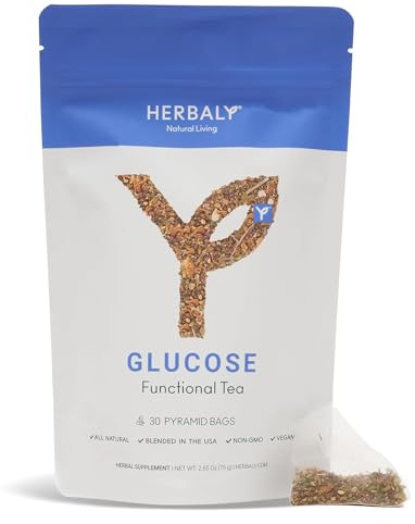 Herbaly Glucose Functional Tea - Vitality & Wellness - Gymnema Sylvestre, Ceylon Cinnamon, Bitter Melon, Dandelion Root, Fenugreek - Daily Teas - Organic Plant-Based Tea Bag Pyramids - 30 ct