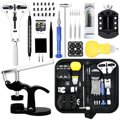 Uhren Reparatur Set, GLDCAPA Professionelles Uhrenbatterie Ersatz Set, Uhrenreparaturwerkzeuge mit Tragetasche, Uhrenglieder Entfernungswerkzeug Kit, Uhrengehäuseöffner,Uhrenpresse Set