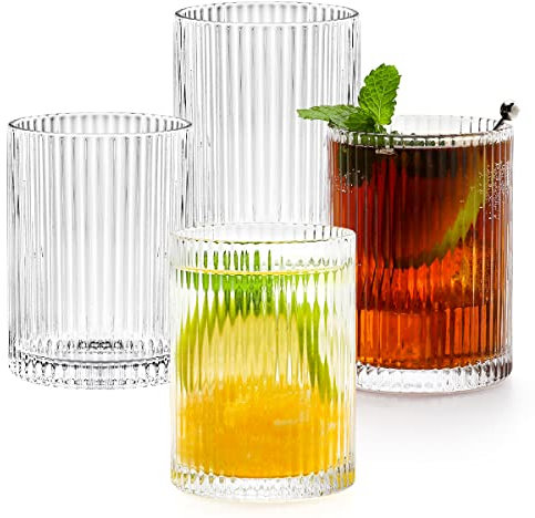 Quyimy Gin Glasses Ripple Highball Drinking Glasses Set of 4 Cocktail Tall stemless Glasses Vintage Ribbed Glassware, Ideal for Cocktail Coffee Soda Juice Rum, 266ML/6.5oz, Origami Style