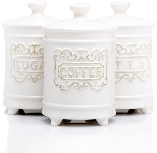 25 Ounce Elegant Ceramic Kitchen Canisters Set of 3 - Engraved Coffee Tea Sugar Storage Containers with Feet for Added Style and Stability - Ceramic Jar with Airtight Lid