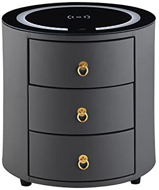 TUKAILAi Table de Chevet Ronde avec 3 Tiroirs, Table de Chevet Connectée, Table de Nuit Ronde Gris Intelligent, Table d’Appoint Chargeur Telephone sans Fil, Chambre Salon Cadeau