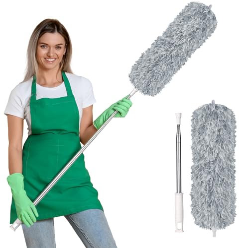 Vicloon Staubwedel Teleskop Waschbar, Staubwischer Mikrofaser Edelstahl Teleskop Stange und Verbiegbare Eckbesen, Staubwedel Lang Ausziehbar Extra Lang Bis 242 cm, für Decken Spinnweben (Hellgrau)