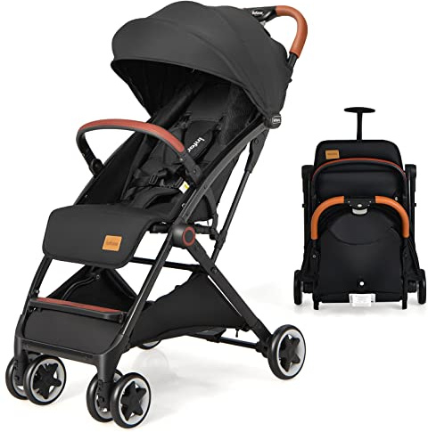 COSTWAY Lightweight Baby Stroller, One-Hand Foldable Infant Pushchair with 5-Point Harness, Adjustable Backrest/Footrest/Canopy, Compact Travel Buggy for 0-3 Years (Black)