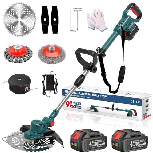 Hengriacly 21V Decespugliatore a Batteria, Tagliabordi a Batteria con 2 Batterie 4,0Ah, Motore Brushlesse, 4 Tipi di Lame,Tagliaerba senza Fili, Altezza Regolabile, Ampiezza Taglio 23cm