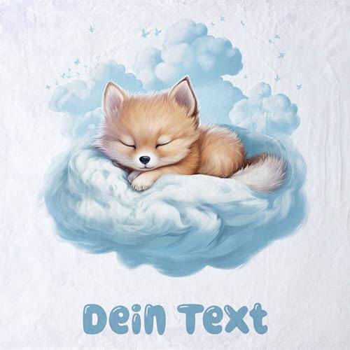 GRAZDesign Babydecke mit Namen personalisiert Fuchs auf Wolke blau flauschig, Baby Kuscheldecke zur Geburt, Geburtstag, Weihnachten 100x75cm - Kuscheldecke