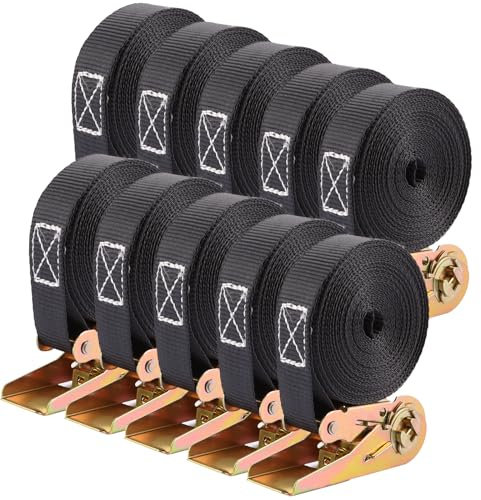 VIDETOL 10 cinghie con cricchetto senza gancio, 6 m di lunghezza, 25 mm di larghezza, cinghie a cricchetto, portata 800 kg, cinghia di serraggio nera per fissaggio del carico, rimozione bagagli,