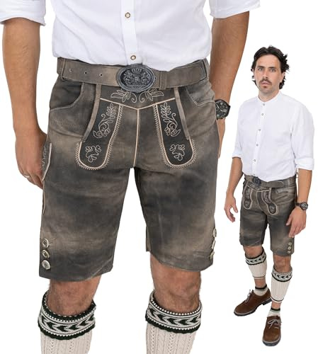 Schöneberger Trachten Couture Pantalones cortos de piel para hombre con cinturón regional, color marrón para Oktoberfest, pantalones tradicionales Starnberg, Marrón antiguo, 50