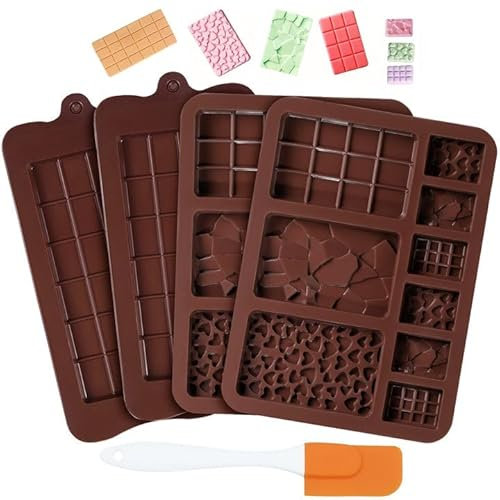 Moule Tablette Chocolat, 4 Pièces Silicone Moule Chocolat avec 1 Grattoir, sans BPA Moule en Silicone pour Chocolats Maison, Pralines, Bonbon, Gaufres, Decoration Gateau
