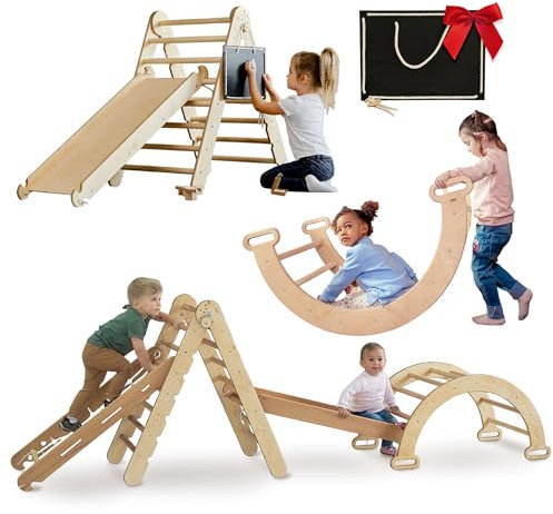 Extra Large 4-in-1 Indoor Climbing Frame for Toddlers - Wooden Triangle, Arch & Climbing Ramp & Net, Montessori Climbing Frame, Kids Wooden Gym, Foldable Climbing Toys for Kids 1-5 Age
