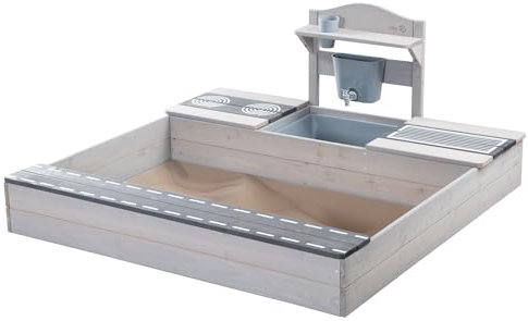 roba Sandkasten aus Holz mit integrierter Matschküche - FSC-zertifiziertes Massivholz - Sandkiste für Kinder ab 12 Monaten - Grau lasiert