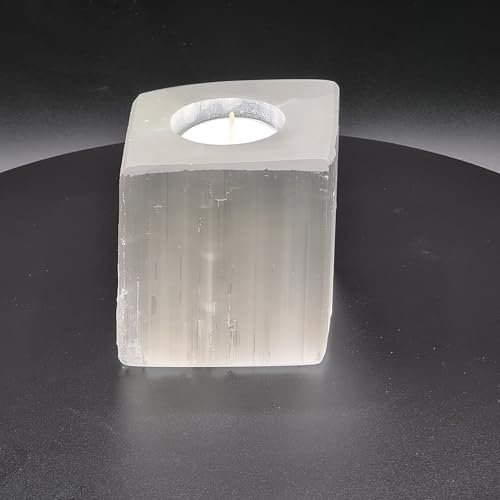 HEIMTEX Selenit-Teelichthalter - 8cm Natürlicher Teelicht-Kerzenständer- Ungeschliffener Edelstein, Kerzenhalter silber für die Dekoration im Wohnzimmer, Meditation, Heilung und als Party-Kerzenhalter