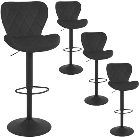 WOLTU Barhocker 4er Set, Barstuhl höhenverstellbar, Drehhocker 360°, Hocker mit Rückenlehne Fußstütze, Bistrostuhl ergonomisch, Samt Metallgestell, für Bar Bistro Kücheninsel, Schwarz, BH419sz-4