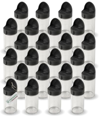 Chefkoch 2-in-1 Gewürzstreuer mit Dosiermaß: Einfaches Abmessen & Hinzufügen von Gewürzen – 24er Set, 100ml Fassungsvermögen – Inkl. 24 Beschriftungsetiketten – Spülmaschinenfest – Grau/Transparent