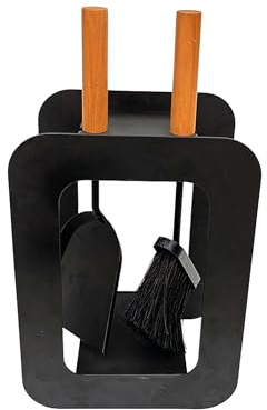 FIREFIX K2451 Kamingerät klein mit hellen Holzgriffen, schwarz beschichtet
