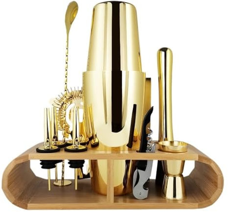 CHFYIJYHM Jigger Mezclador de Acero Inoxidable Dorado y Negro, Juego de coctelera Boston de Metal con Soporte de bambú, Kit de Barman de Herramientas de Barra(Gold 800600ml)
