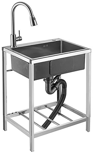 CZAOERXB Handelsübliches Spülbecken mit Einzelbecken und Halterung, Handwaschbecken aus Edelstahl mit Kalt-/Warmwasserhahn zum Drücken und Ziehen, Küchengeschirrspülbecken