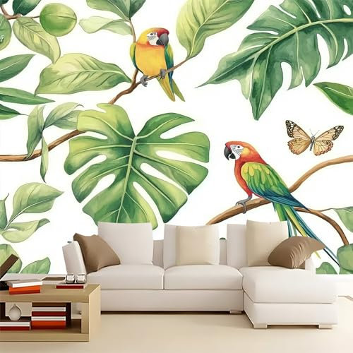 Papel Pintado Verde Para Salón o Dormitorio Hojas Tropicales Pájaros Ramas De Olivo Papel Pintado 3D, para Muebles Dormitorio Decorativos Papel Pintado 250 x 175 cm Fotomural Papel Pared