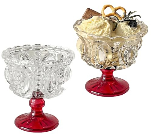 SIPEIEN Vintage Glass Dessert Goblet Bowls Set of 2 Embossed Drinking Glass, 250ml Crystal Ice Cream Dessert Cups, 4.7x3.9 / 12cmx10cm for Home Café Party (Red,Set of 2)