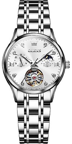 OLEVS Montre automatique de luxe pour femme - Avec diamants - Phase de la lune - Remontage automatique - En acier inoxydable - Étanche à 30 m - Aiguilles lumineuses - Cadran bleu - Élégante montre