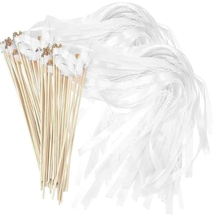 Ruban Mariage 30Pcs Baguettees De Mariage Fée Bâton, Magiques en Soie avec Clochettes pour Anniversaire, Fête Serpentins Ruban Bouquet -Blanc