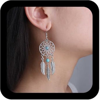 Cybche Boucles D'oreilles Boho Bleu Turquoise Feuille Attrape Rêve Ethnique Sarcelle Western Boucles D'oreilles Plume Pampille Crochet Creux Cercle Goutte Vintage Tribal Gitan Bijoux Rétro Pour Femmes