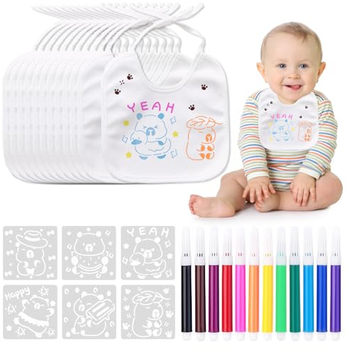 Rbleote Baby Lätzchen Zum Bemalen, 12 Pcs Lätzchen Zum Bemalen, Babylätzchen Zum Bemalen, mit 12 pcs Textilstiften und 6 Malvorlagen, Wasserdicht, für Babyparty Babyshower