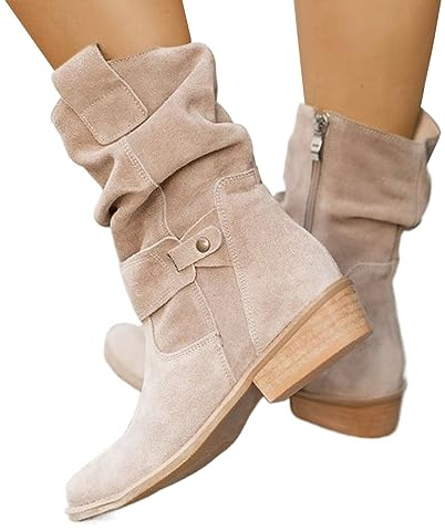 Generico Stivaletti da Donna Stivaletti in Pelle Scamosciata Pieghe Stivali Invernali Stivaletti Bassi Stivaletti retrò Eleganti con Zip Stivaletti Tinta Unita Scarpe,Regalo Divertente