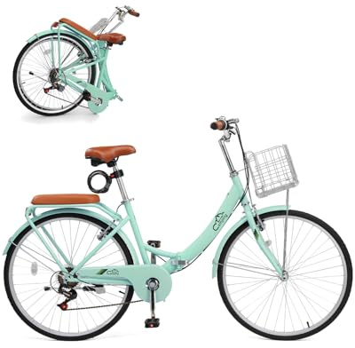 CamPingSurvivals 24/26 Inch Foldable Bike Folding Bicycle, 7 Speed Beach Cruiser Bike with Lock, Comfort Back Seat, Foldable Basket & Ergonomic Upright Frame, Cruiser Bicycle for Adults(26 Green)