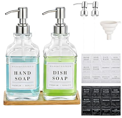 Pollock Seifenspender Glas 2 Stücke 500ml mit Silber Edelstahl-Pumpspender, Shampoo Flaschen Zum Befüllen, Duschgelspender für Küche, Bad und Dusche Inklusive 24 Etiketten und Trichter