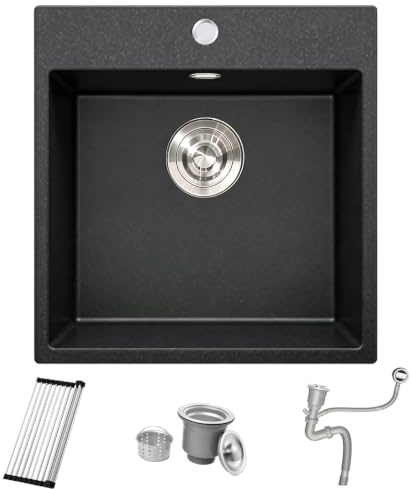Black Granite Kitchen Sink 48x50cm, Single Basin 30cm Undermount Small Single Bowl, Mini Basin Outdoor Rv with Strainer Waste & Overflow Kit, Roll-up Rack and Siphon