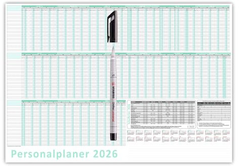 Urlaubsplaner/Personalplaner 2026 nass abwischbar mit Folienkaschierung plus Folienstift - DIN B2 Format (700 x 500mm) 22 Mitarbeiter Januar bis März Folgejahr mit Schulferien (gerollt!)