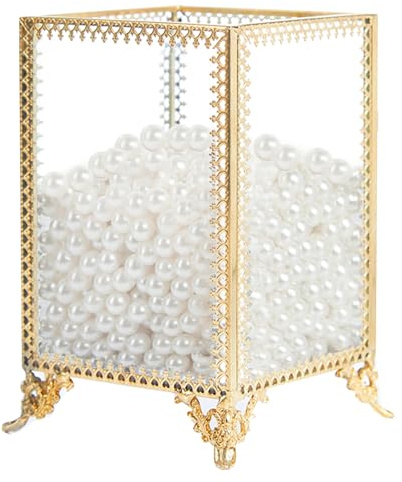 PuTwo Vintage Makeup Brush Holder Glass and Brass Organizer Handmade Cosmetic Brush Storage with White Pearls for Dresser Vanity Countertop - Gold