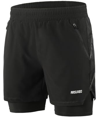 ARSUXEO Pantalones Cortos de Correr para Hombre 2 en 1 Pantalones Cortos de Gimnasio con 2 Bolsillos con Cremallera B191 Negro L