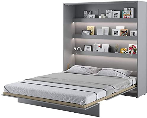 Wandklappbett by LENART, Klappbett, Vertikal Bed Concept, Schrankbett in Ihr Schlafzimmer, 160 x 200 cm, Grau, Soft-Close-System, Bettgurte, Sicherheitsgarantie, Innenregale