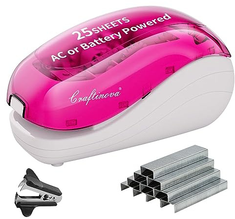 Craftinova Elektrisk häftapparat – rosa, inklusive 2 000 häftklamrar och 1 häftborttagare, lämplig för palmstorlek och hög komfort, 25 arks kapacitet, AC-adapter eller batteridriven, batteri ingår