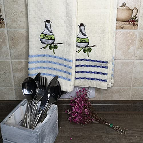 A2- 2er Set 100% Baumwolle Küchentücher Waffel-Piqué 48x70cm Geschirrtüchern Oliven Italien Design