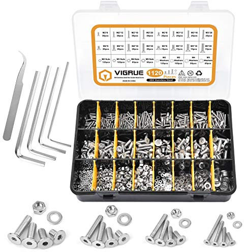 VIGRUE 1120PCS M2 M3 M4 M5 Senkkopfschrauben mit Innensechskant Hex flach-Knopf Schraube Set A2-70Edelstahl Senkkopf Schrauben Muttern und Unterlegscheiben Sortiment mit Schwarz Aufbewahrung Fall Box