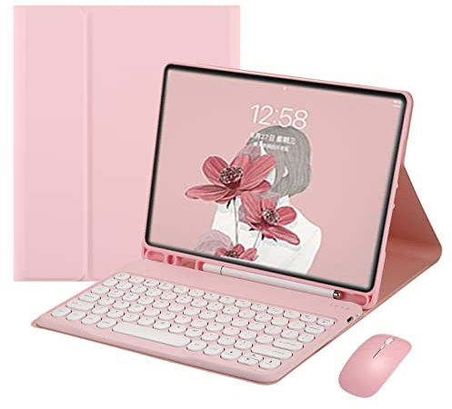HENGHUI Teclado y ratón para Galaxy Tab S6 Lite de 10.4 pulgadas 2024/2022/2020, bonita funda de teclado de color redonda, teclado inalámbrico desmontable BT (rosa)