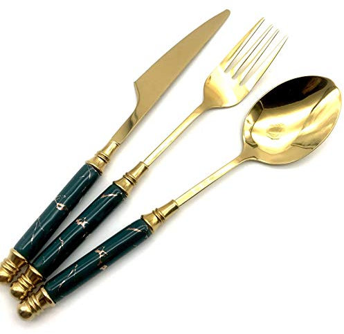 Keramik Geschirr Gabel Löffel Messer Set Vintage Besteck Set 304 Edelstahl Abendessen Set Set essgeschirr (Color : 18pcs green)