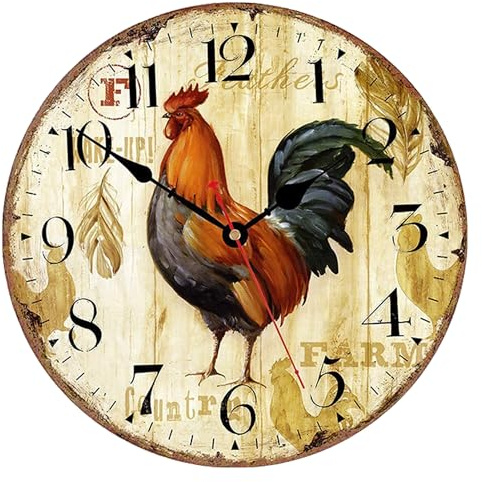 VIKMARI Kitchen Wall Clock, Small Vintage 12 Inch Rooster Chicken Clock, Silent Non Ticking Wooden Wall Clocks Decorative for Bedroom Living Room Office Farmhouse